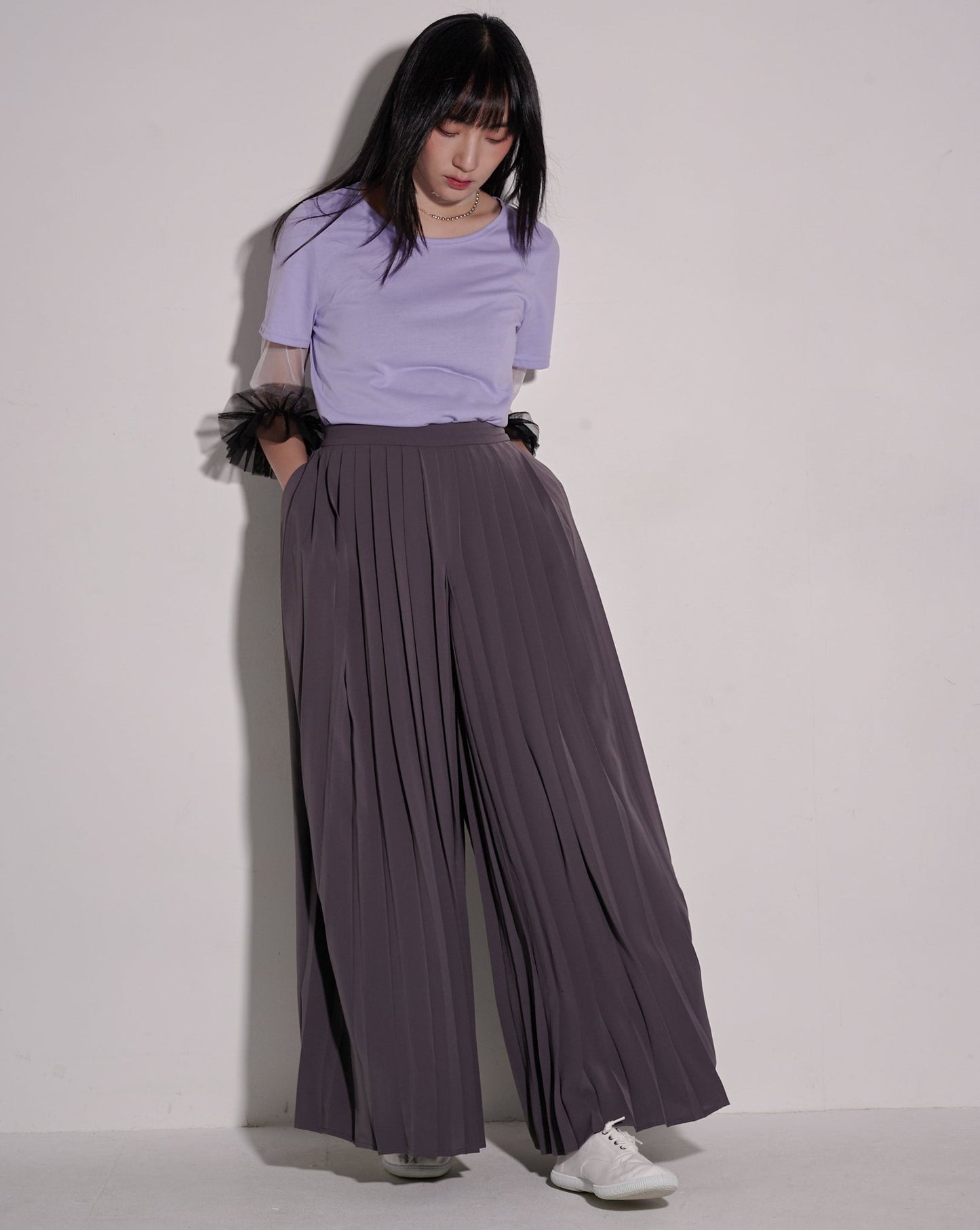 aalis CAPI pleated chiffon palazzo pants (Charcoal)