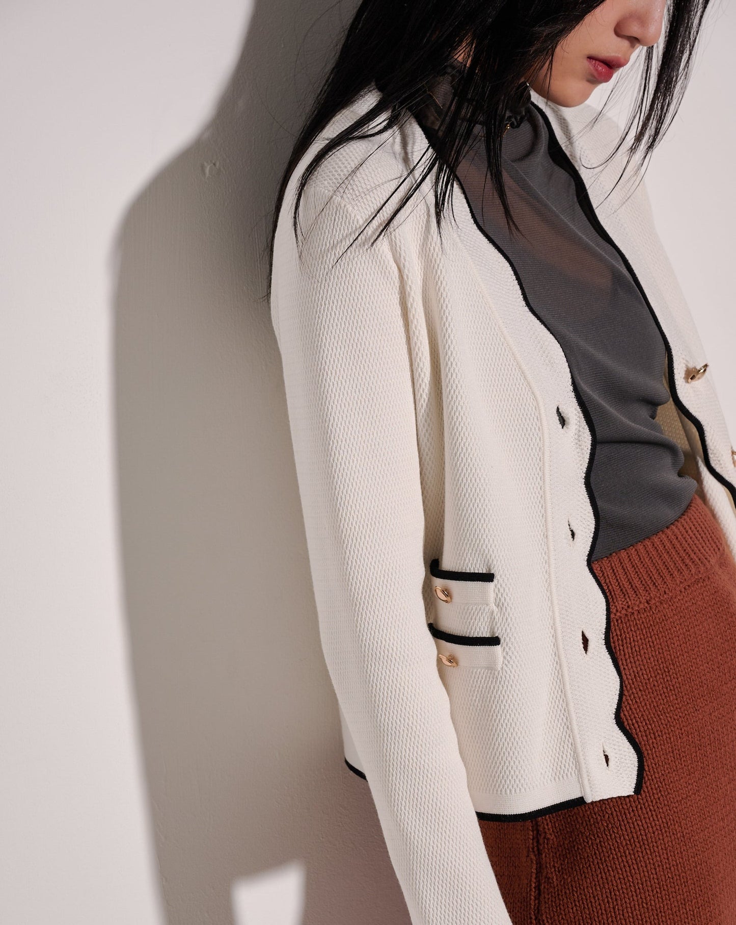 aalis MAG scallop edge color blocking cardigan (White mix)