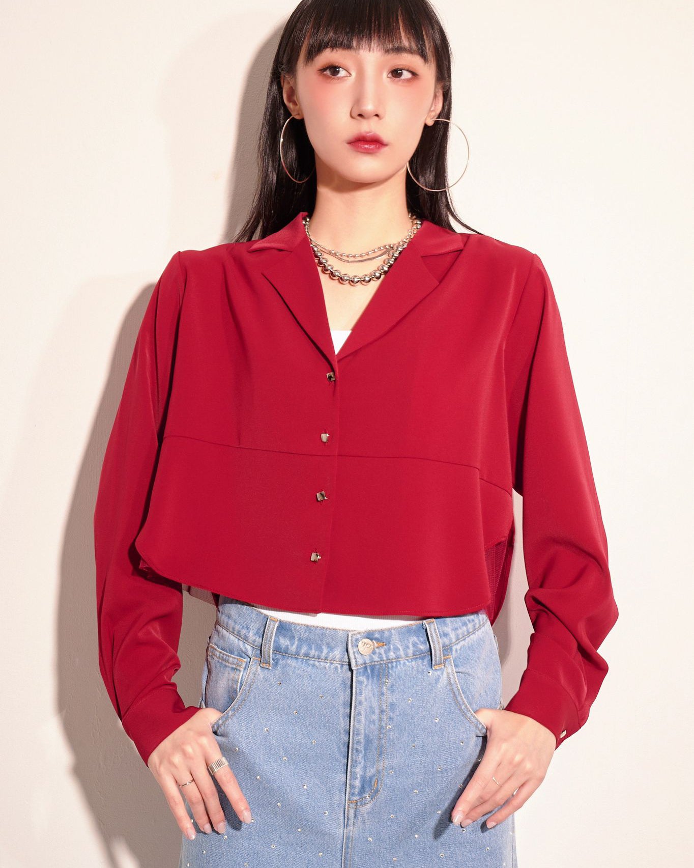 aalis BIA mesh layer V neck shirt (Red)