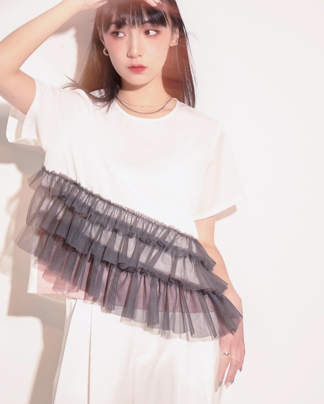 aalis NIKA pleated mesh tier s/s top (White mix)