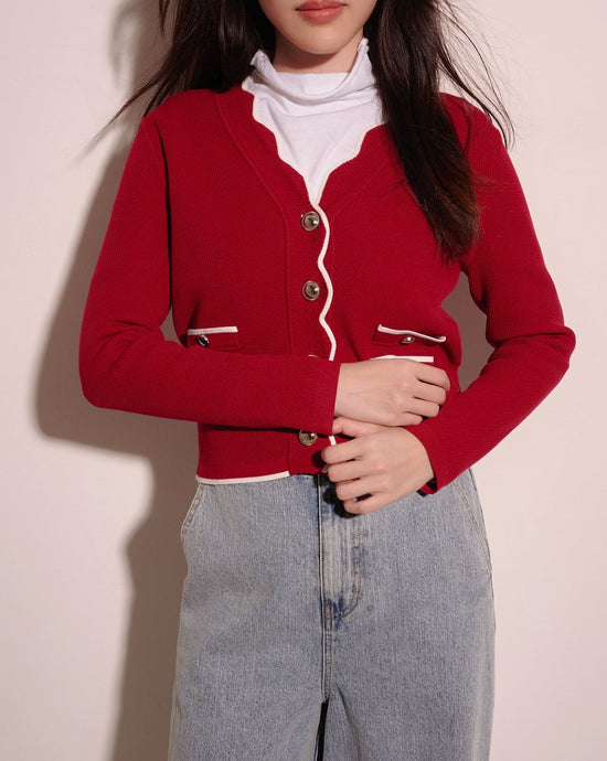 aalis MAG scallop edge color blocking cardigan (Red mix)