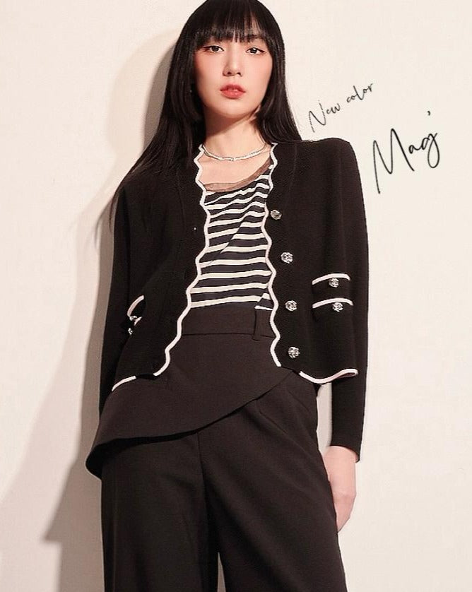 aalis MAG scallop edge color blocking cardigan (Black pink)