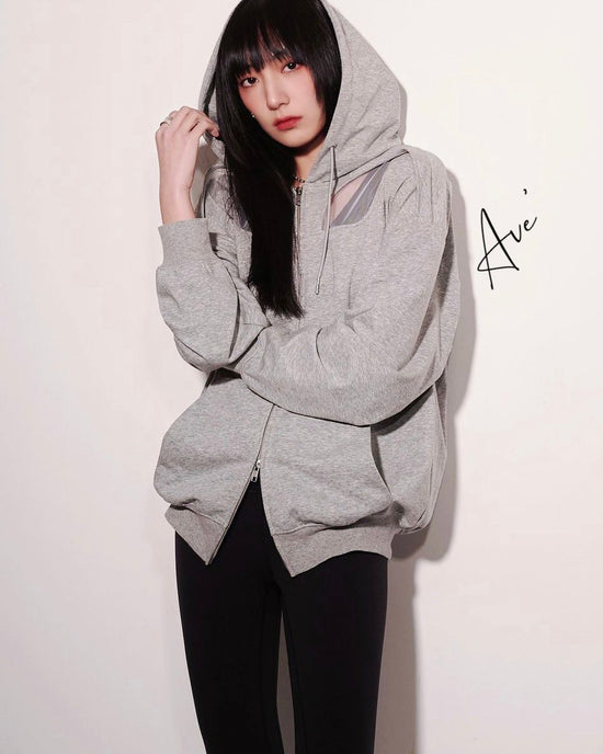 aalis AVE mesh cat eye cut-out hoodie (Heather grey)