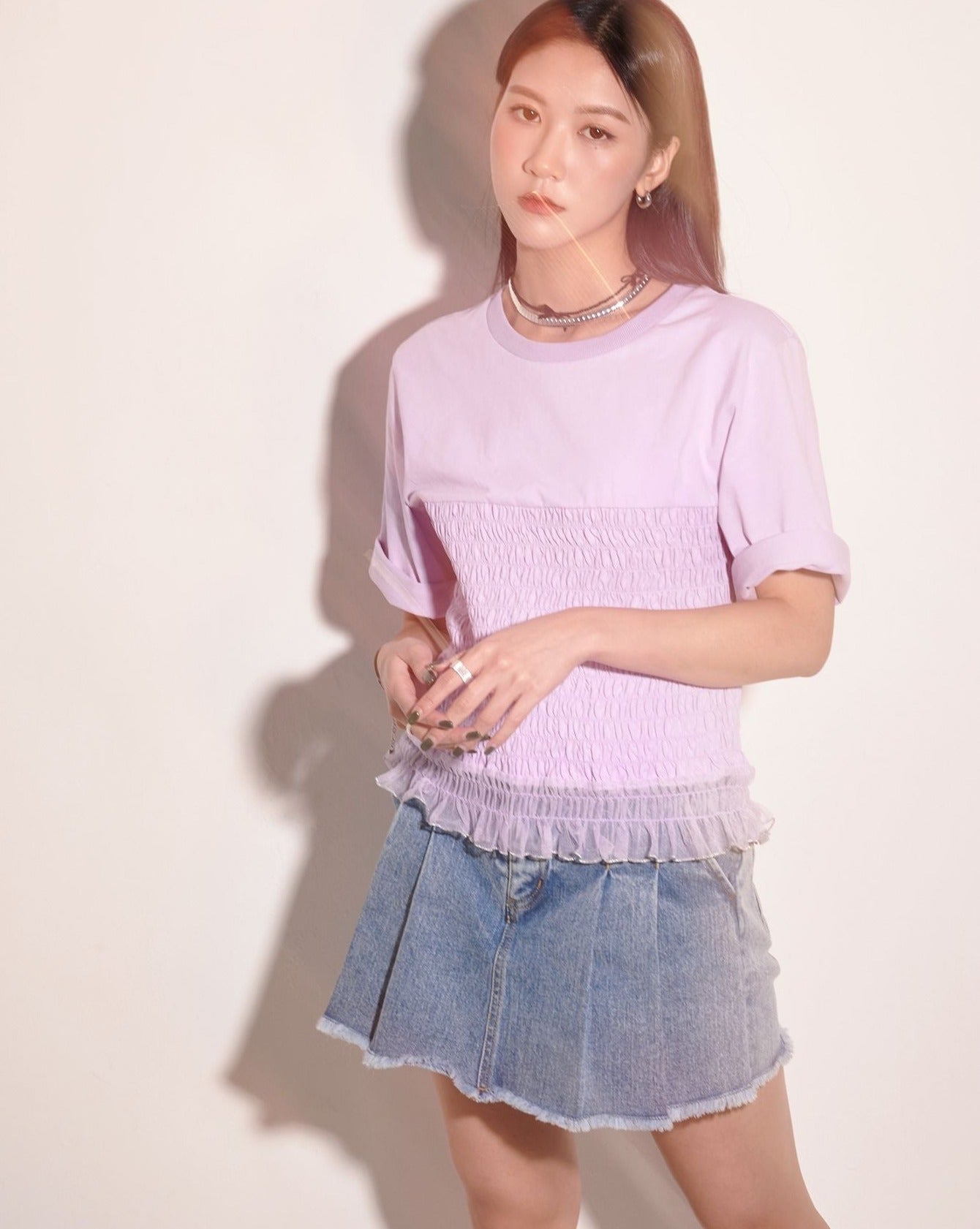 aalis AVINA mesh ruffle smocking SS top (Lilac)