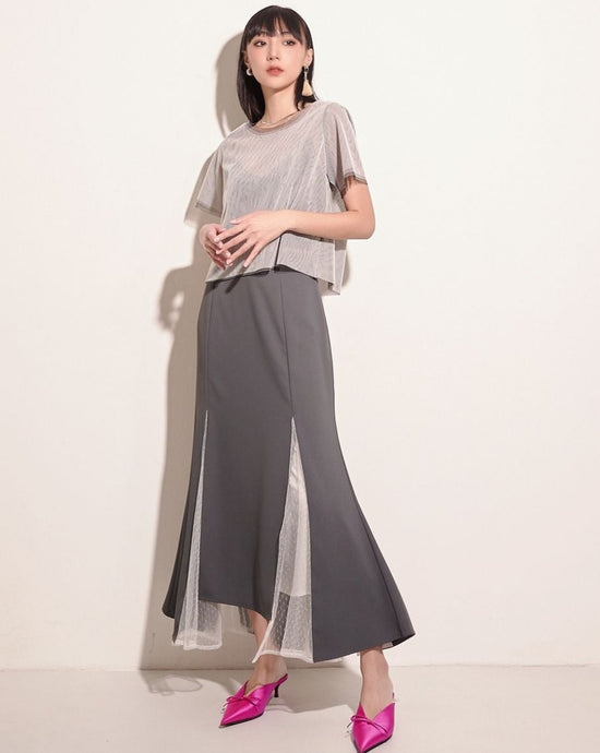 aalis NARI mesh panel fishtail skirt (Charcoal white)