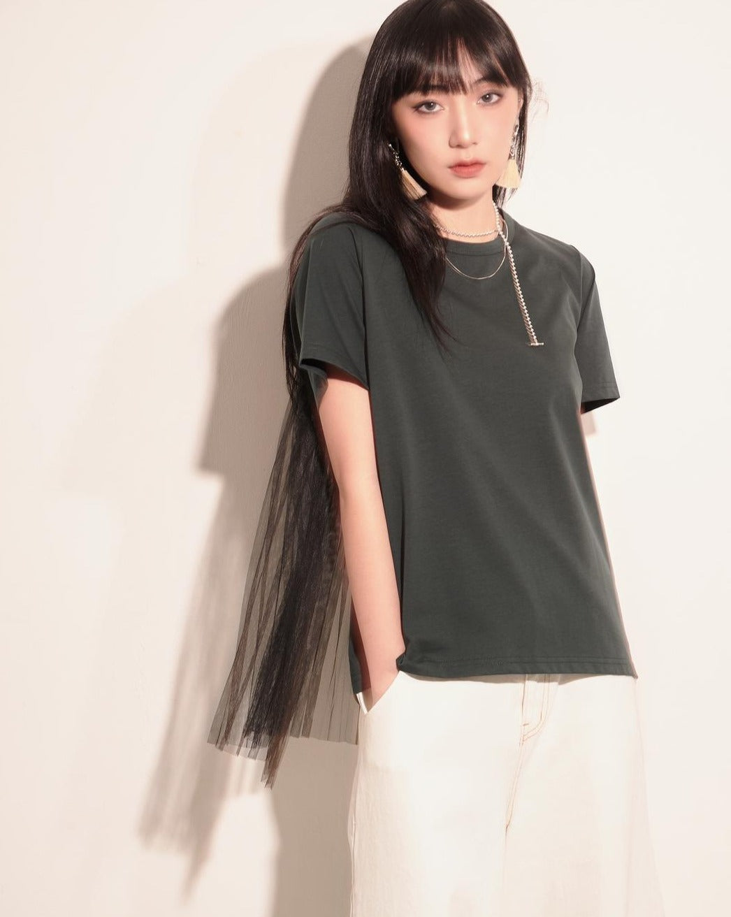 aalis HANSA back pleated mesh s/s tee (Dark green)