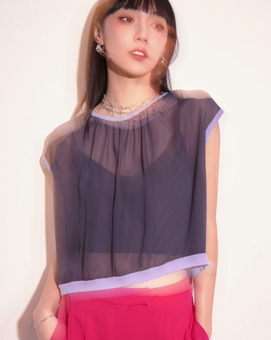 aalis SADIYA crew neck cap sleeves sheer top (Purple grey)