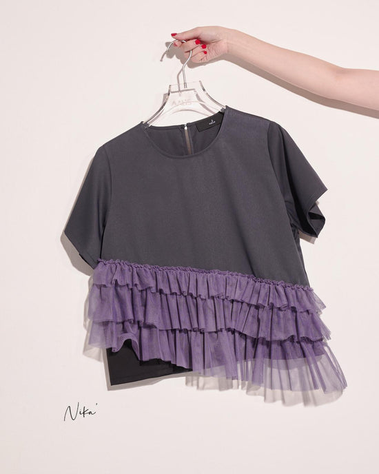 aalis NIKA pleated mesh tier s/s top (Charcoal mix)