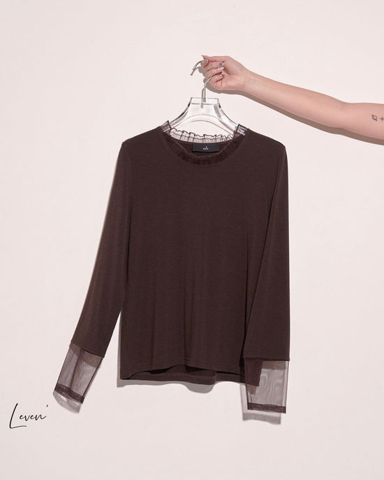 aalis LEVEN mesh ruffle stand collar L/S top (Chocolate)