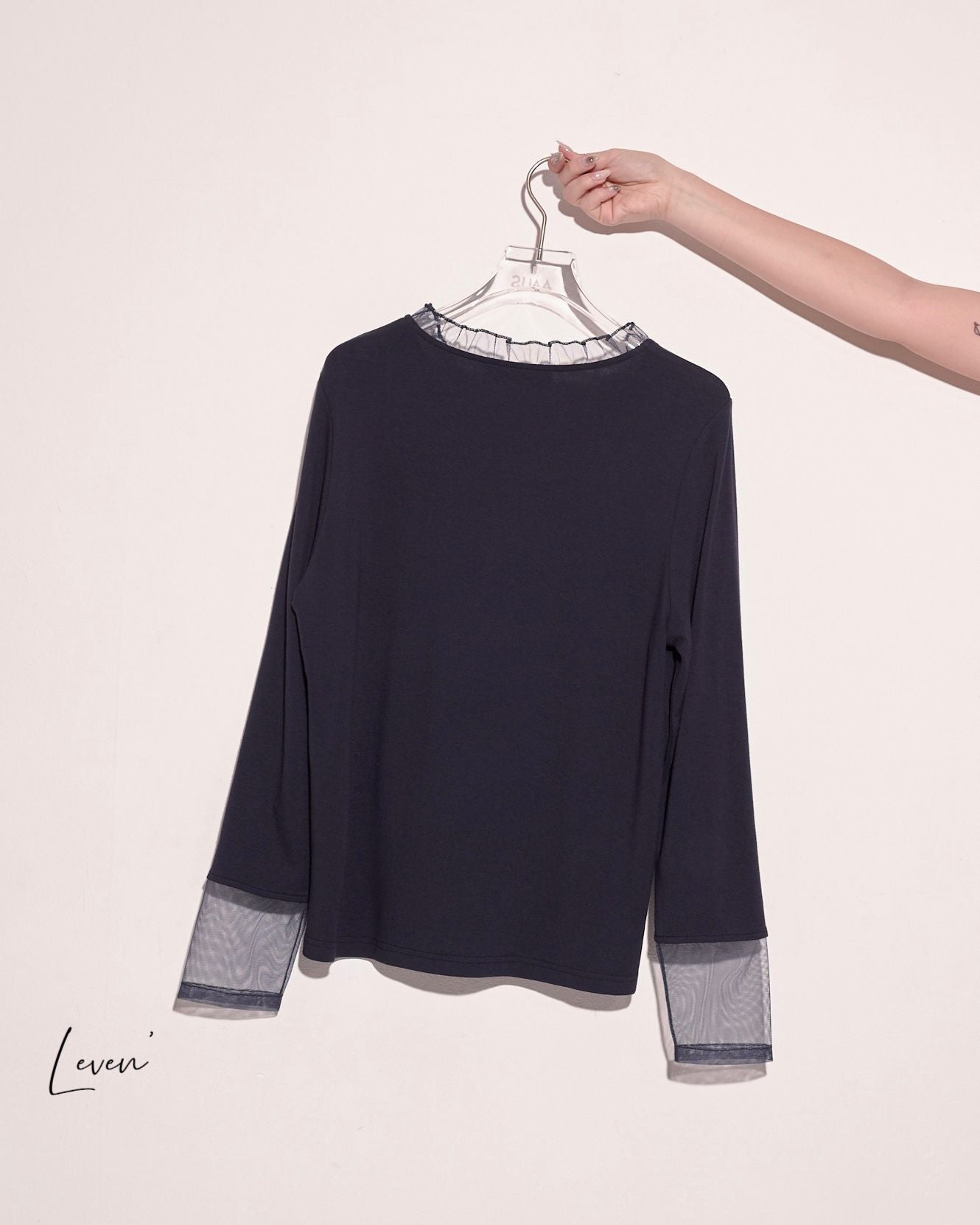 aalis LEVEN mesh ruffle stand collar L/S top (Navy 2)