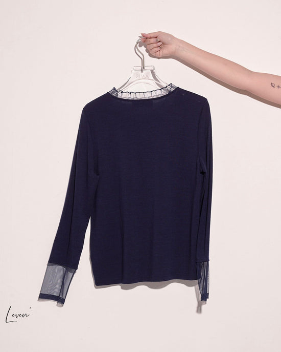 aalis LEVEN mesh ruffle stand collar L/S top (Navy 1)